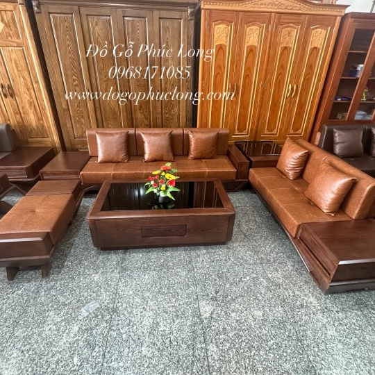 Bộ SoFa gỗ Sồi Nga lau màu óc chó - Mẫu thuyền cao cấp